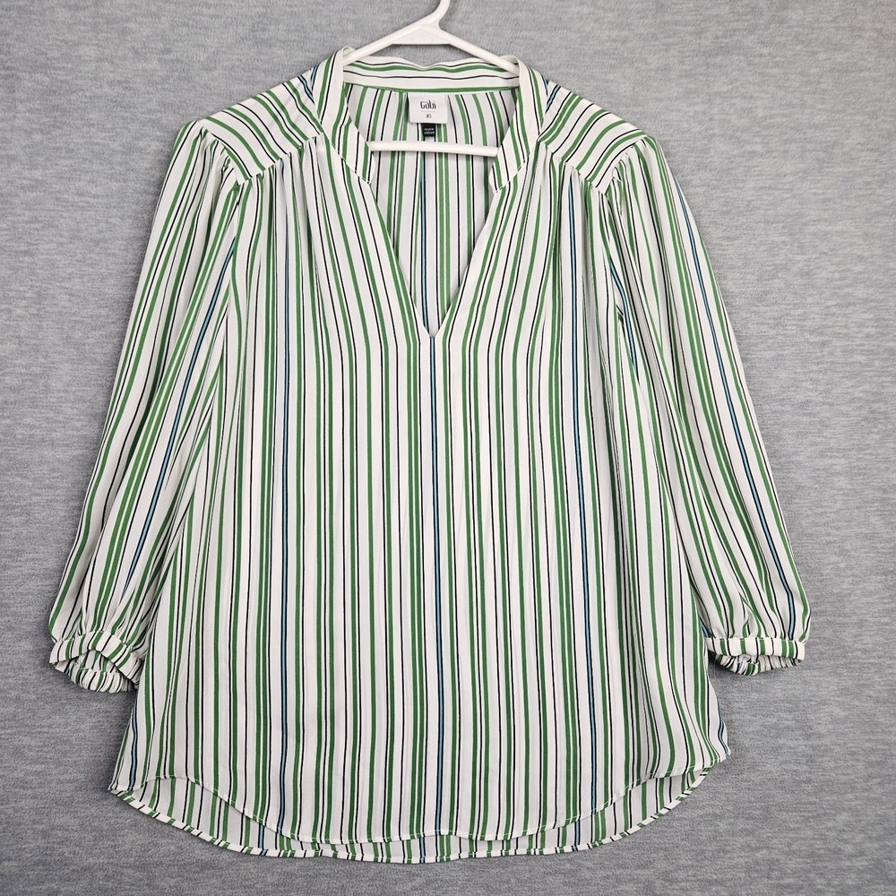 Cabi Women's Size XS Green Black White Stripes 3/4 Sleeve Shirt